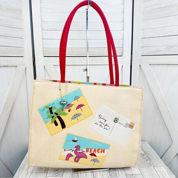 Fossil Forever Faux Straw Beach Vacation Tote Shoulder Bag Large Cream Red - Picture 1 of 12